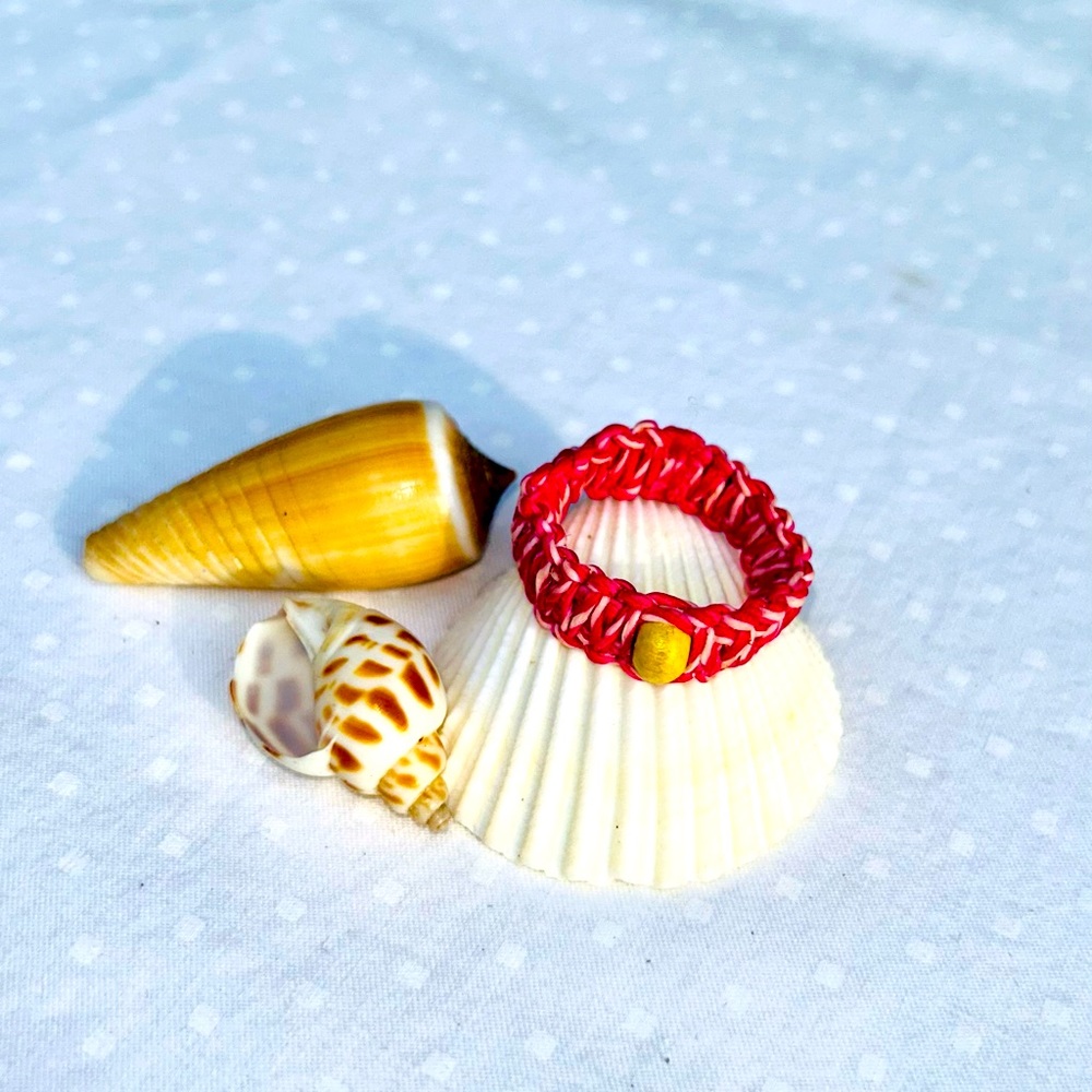 Macrame Pink Ring Wood Bead Size 7, 7 1/2 Handcrafted in Patagonia One Of A Kind